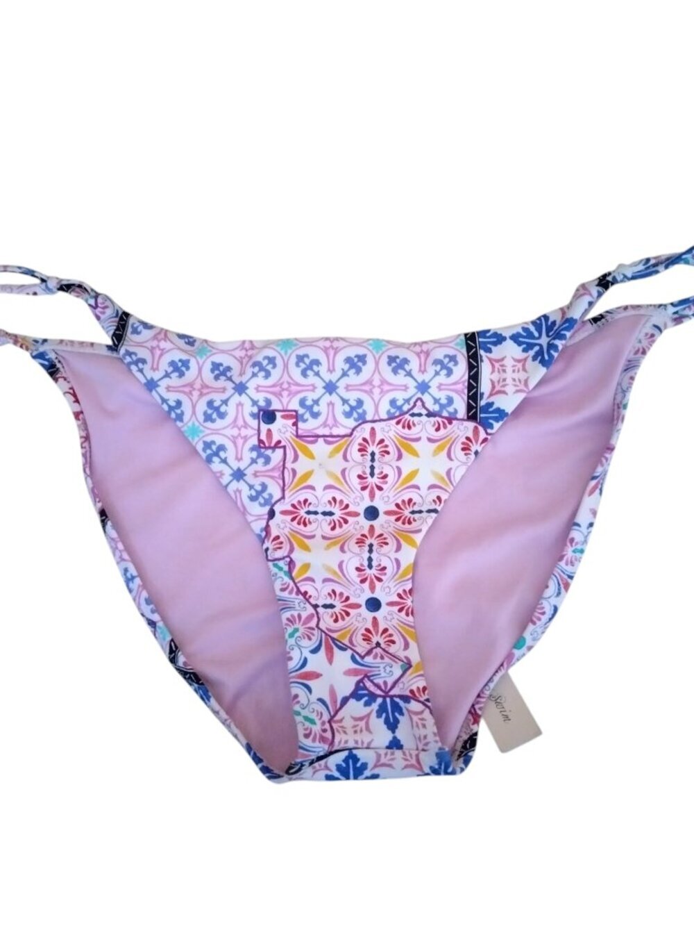 Nanette Lepore Size 12 High Leg Pink Patchwork Print Bikini Bottom Side Knot NEW